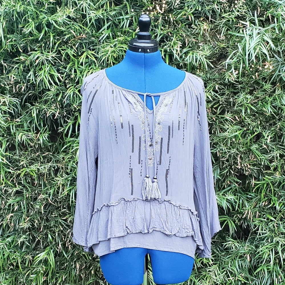 Gray Blouse with Sequins, Beads, and Embroidery